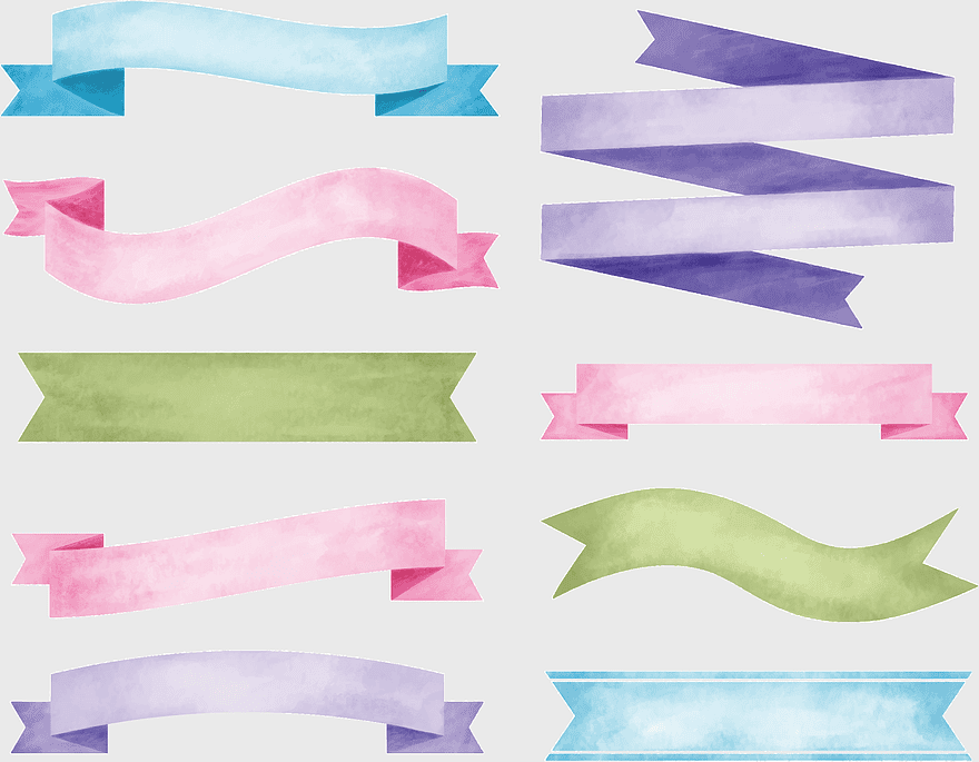 hand-drawn labels, assorted-color ribbon illustration, watercolor painting, vintage label, decorative banners, festive ribbons, creative design elements
