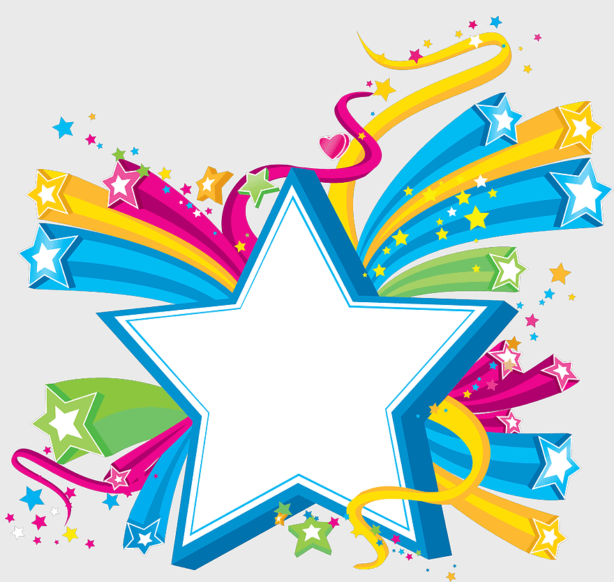 B-type main-sequence star, 5 Star design, colorful star art, star point objects, celestial illustration, cosmic graphic, vibrant starburst