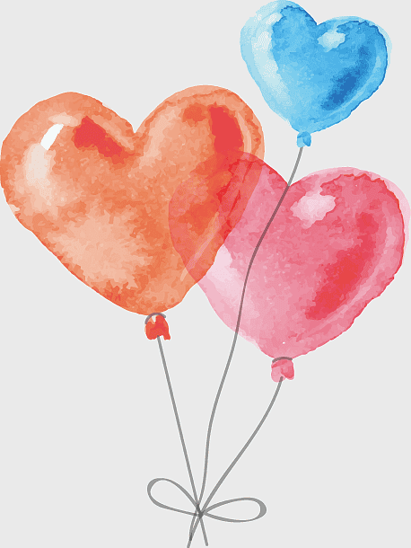 watercolor heart balloons, hand-drawn heart shaped balloon, love-themed birthday illustration, colorful party balloon art, romantic watercolor artwork, whimsical hearts decoration, festive balloon design