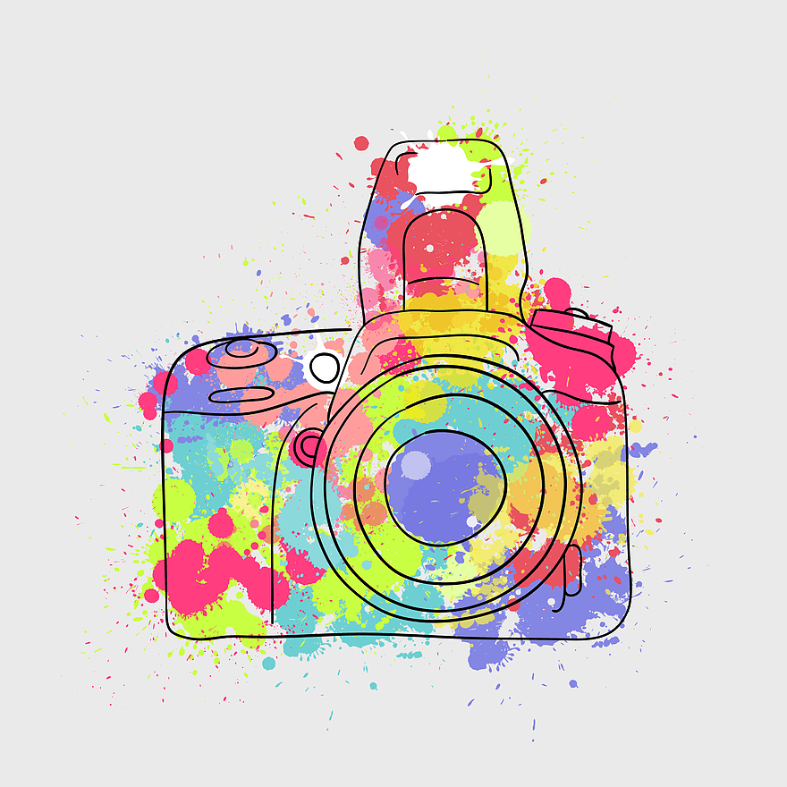 colorful camera illustration, watercolor camera drawing, vintage camera art, camera lens design, artistic camera graphic, graphy equipment sketch, hand-drawn camera icon