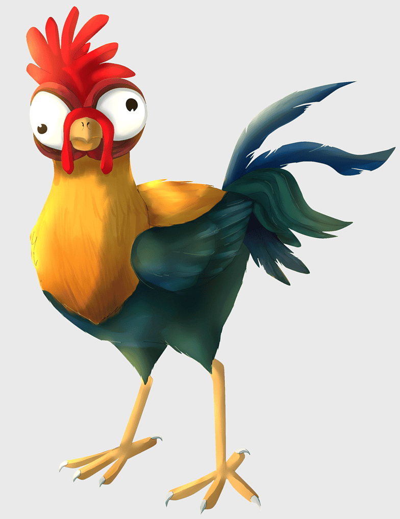 Hei Hei the Rooster, Disney Moana character, colorful rooster drawing, Alan Tudyk voice, animated poultry art, cartoon chicken illustration, vibrant bird design