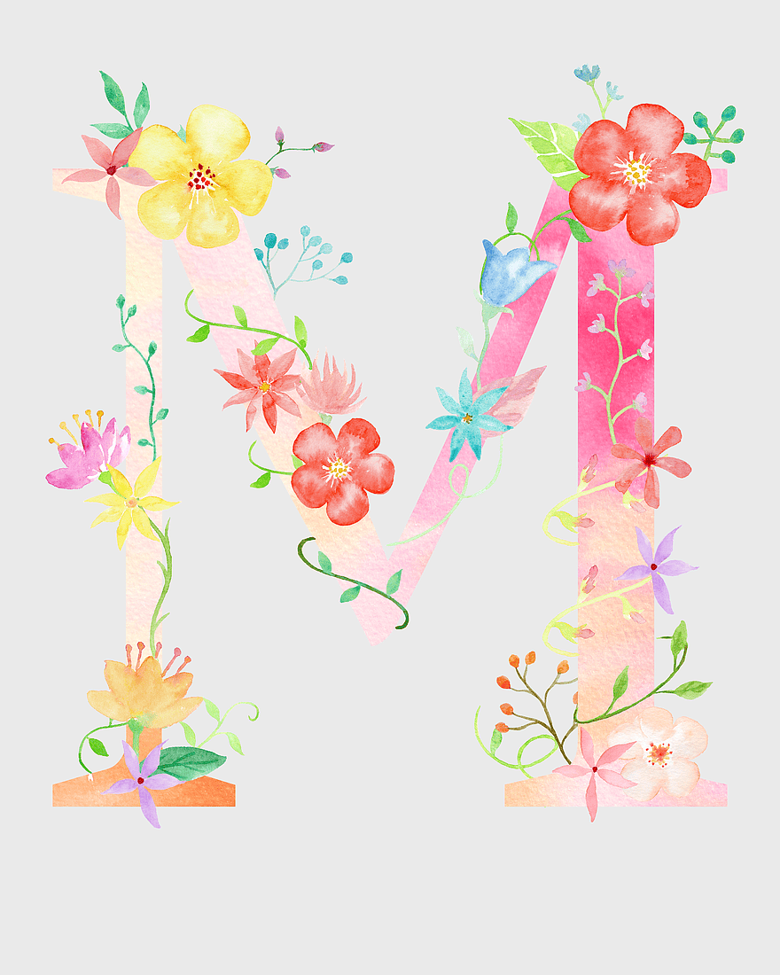 Letter M floral illustration, pink flower typography, watercolor flower letter M, floral design initial M, decorative floral alphabet, botanical letter art, floral typography poster Letter M floral illustration, pink flower typography, watercolor flower letter M, floral design initial M, decorative floral alphabet, botanical letter art, floral typography poster