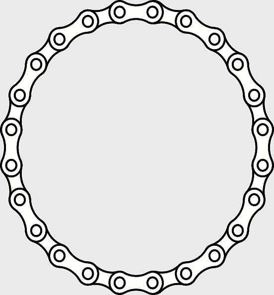 bicycle chain illustration, monochrome circle chain, black and white cycling chain, symmetrical chain design, chain art graphic, circular bike component, mechanical link pattern