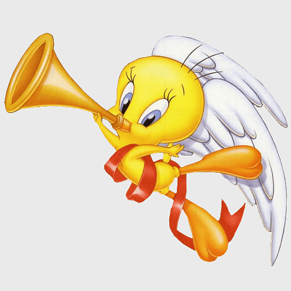 Tweety playing piolin, Sylvester Looney Tunes Cartoon character, yellow cartoon Tweety, Baby Looney Tunes character, classic cartoon illustration, winged cartoon character, musical cartoon scene
