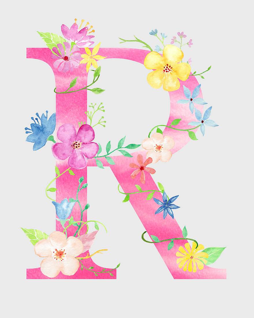 pink floral letter R, Easter flower design, watercolor flower alphabet, floral letter decoration, spring floral typography, botanical letter art, festive floral lettering