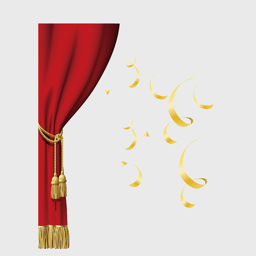 red theater curtain, decorative stage drapes, red valance for stage, red curtain with gold trim, elegant curtain decor, theatrical set design, festive stage backdrop