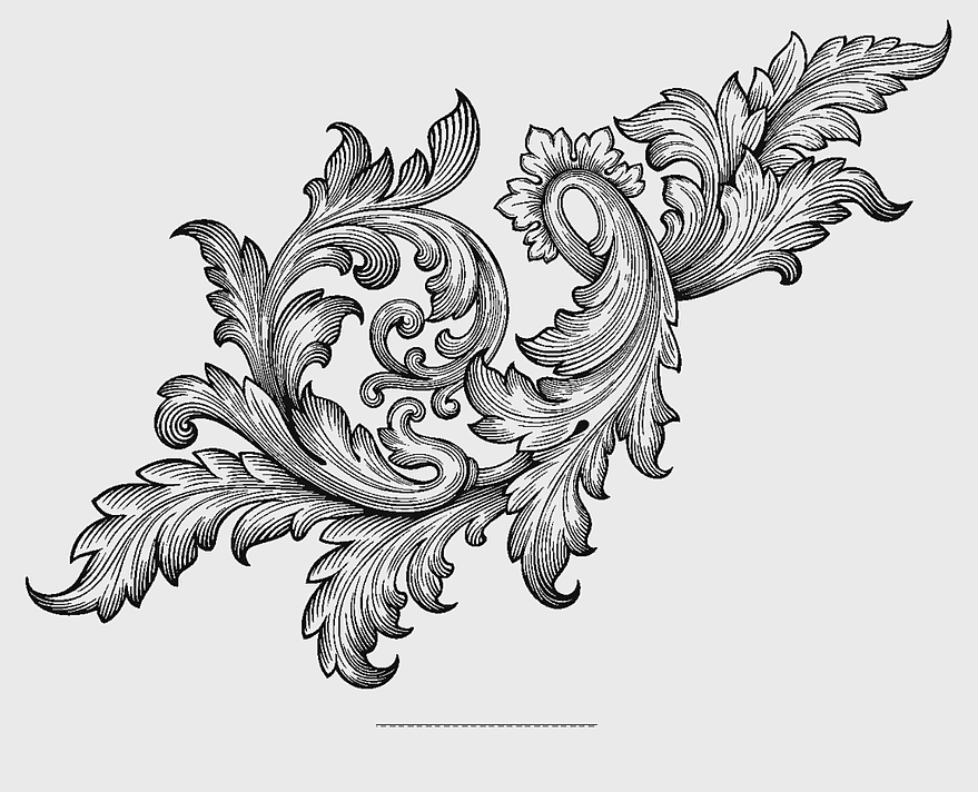 Baroque Ornament Acanthus Scroll, Rococo frame design, black and white line art, ornamental acanthus leaves, decorative scroll art, vintage engraving pattern, monochrome ornate border