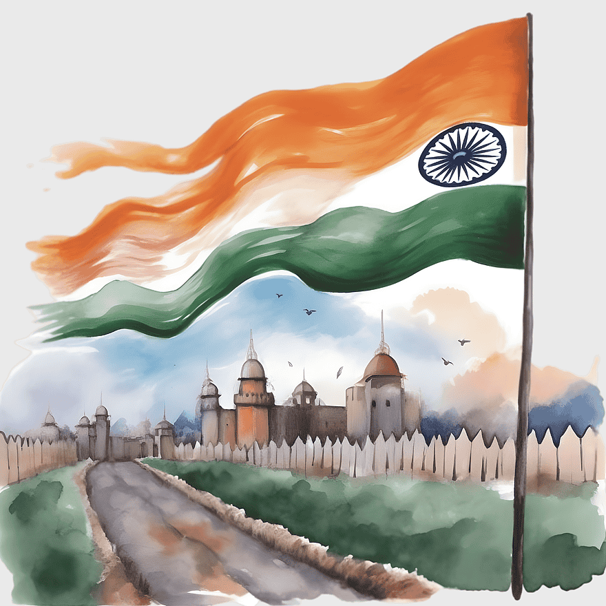 Indian flag, Tiranga design, Ashoka Chakra, tricolor banner, historical fort illustration, patriotic, cultural heritage symbol, png Indian flag, Tiranga design, Ashoka Chakra, tricolor banner, historical fort illustration, patriotic, cultural heritage symbol, png