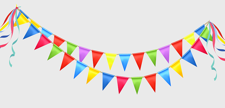 assorted-color pennant flags, happy birthday greeting cards, party line decorations, birthday cake wish notes, festive banner designs, colorful triangle flags, celebration streamers