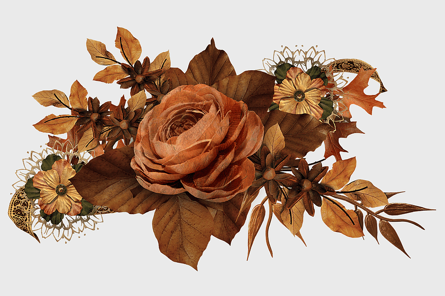 Autumn floral arrangement, dried leaves decoration, withered flower art, decorative seasonal elements, fall-themed decor, rustic botanical design, vintage nature embellishment, png