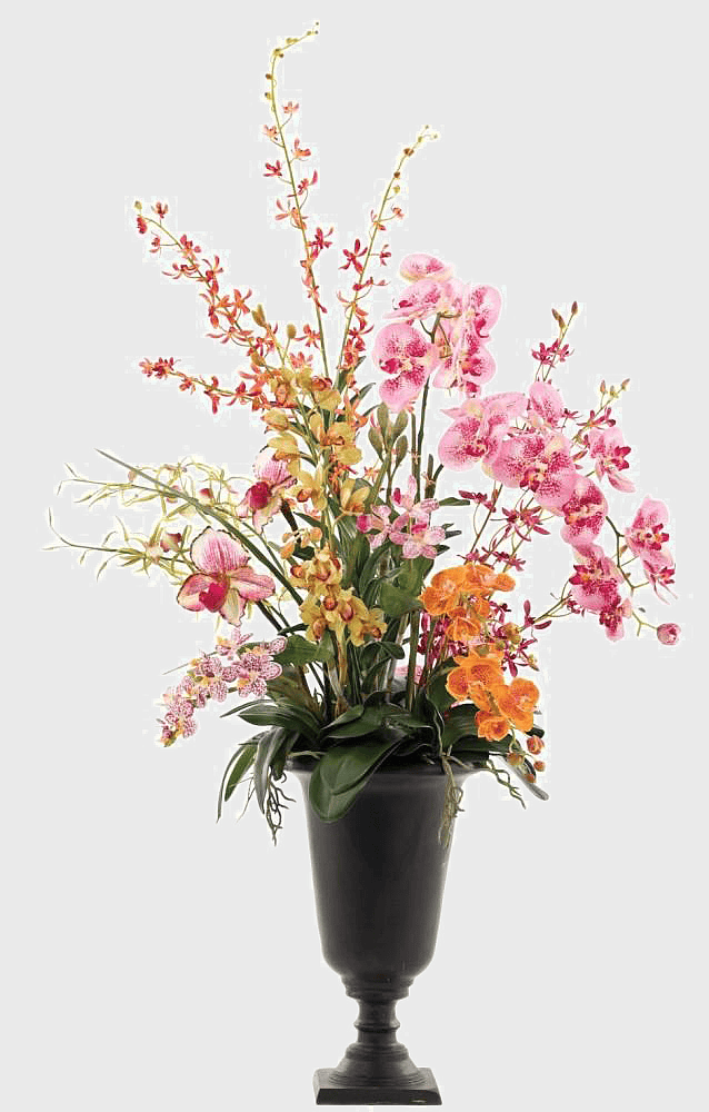 assorted-color Phalaenopsis bouquet, decorative artificial flower arrangement, soft furnishings with floral vase, springtime decorative plants, ornamental petaled blooms, elegant interior florals, artistic blossom display