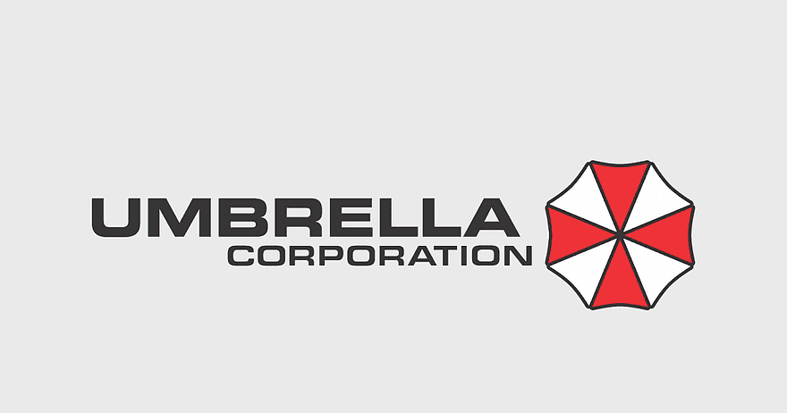 Umbrella Corporation logo, Resident Evil branding, red and white umbrella icon, evil corporation emblem, corporate logo design, fictional company symbol, horror franchise logo
