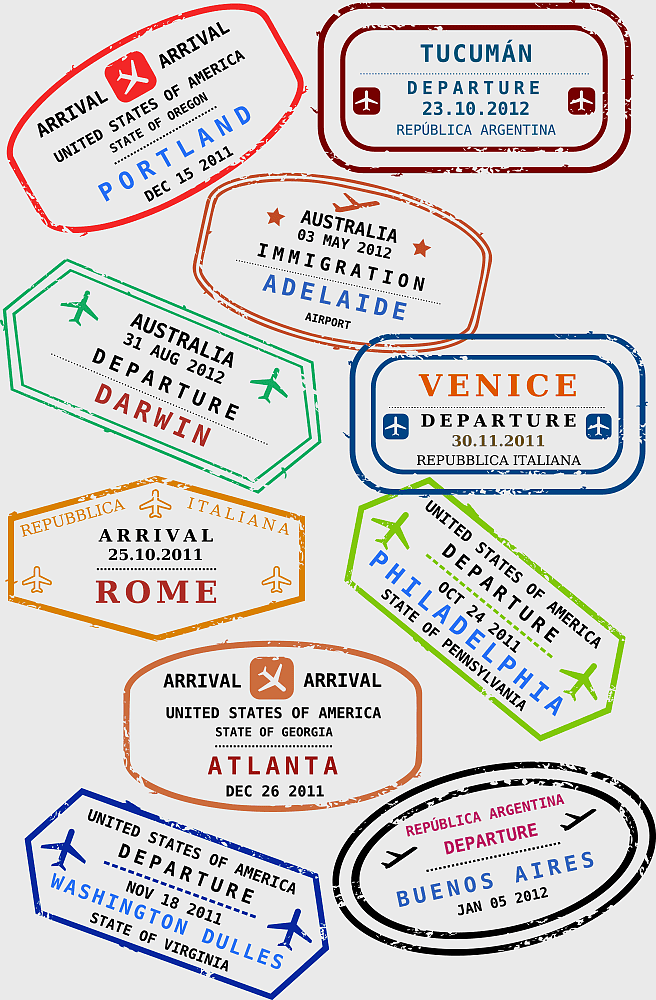 Passport stamp, Travel visa, assorted-color stamps, airplane travel, international travel stamps, global travel documentation, vintage travel seals Passport stamp, Travel visa, assorted-color stamps, airplane travel, international travel stamps, global travel documentation, vintage travel seals