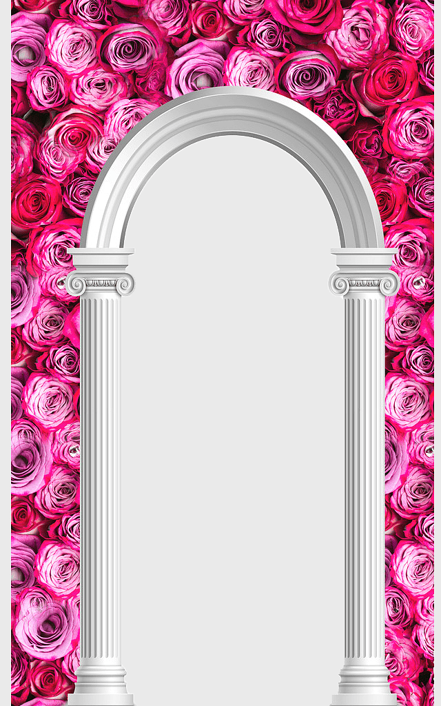 Roman arch floral backdrop, decorative columns wedding frame, magenta rose arch decoration, doric order archway design, vintage floral arch, elegant wedding arch, classical column floral arrangement Roman arch floral backdrop, decorative columns wedding frame, magenta rose arch decoration, doric order archway design, vintage floral arch, elegant wedding arch, classical column floral arrangement