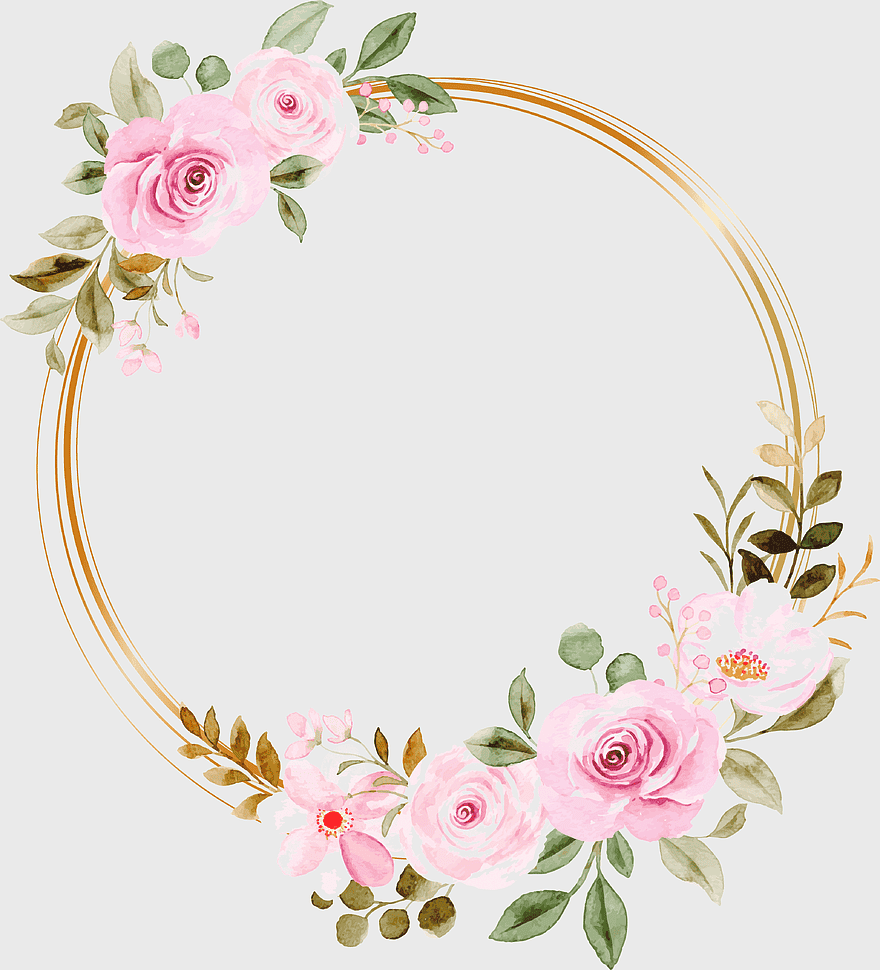watercolor floral wreath, pink roses, golden frame, floral design, botanical illustration, decorative frame, elegant floral art, png watercolor floral wreath, pink roses, golden frame, floral design, botanical illustration, decorative frame, elegant floral art, png