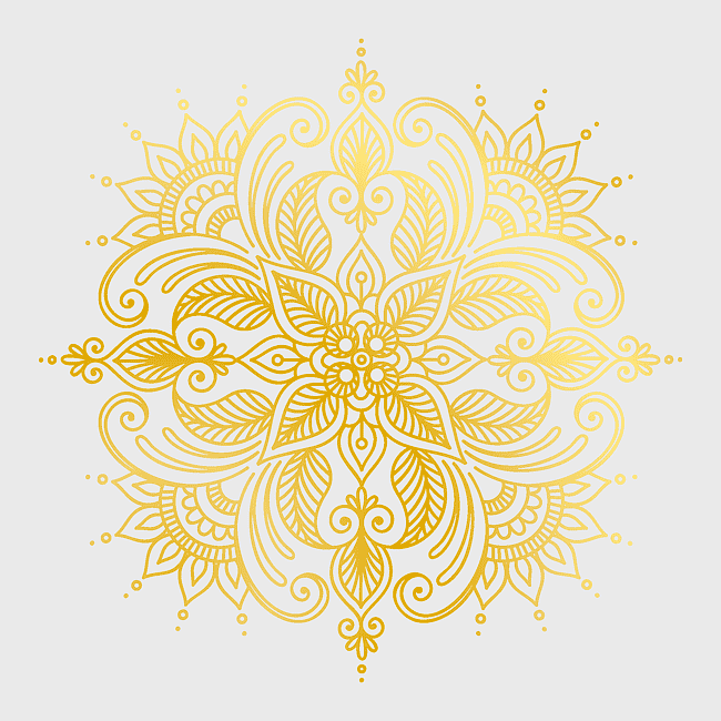 yellow flower illustration, gold pattern shading, traditional floral design, gold border motif, ornate decorative art, intricate symmetrical pattern, vintage botanical element
