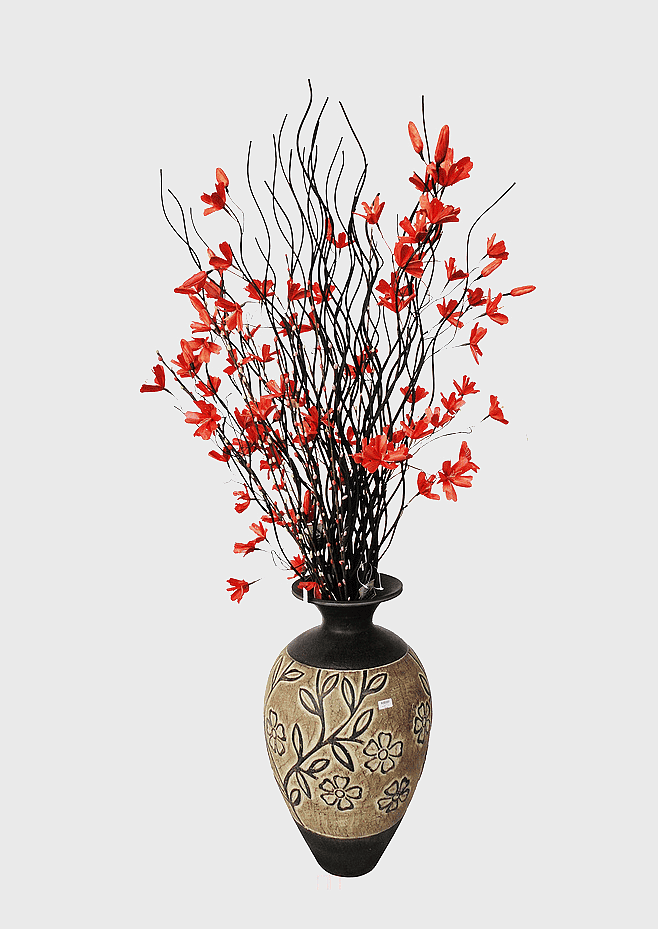 orange flowers in vase, decorative floral vase, artificial flower arrangement, twig and flower decor, floral home decor, ornamental vase design, indoor plant decoration