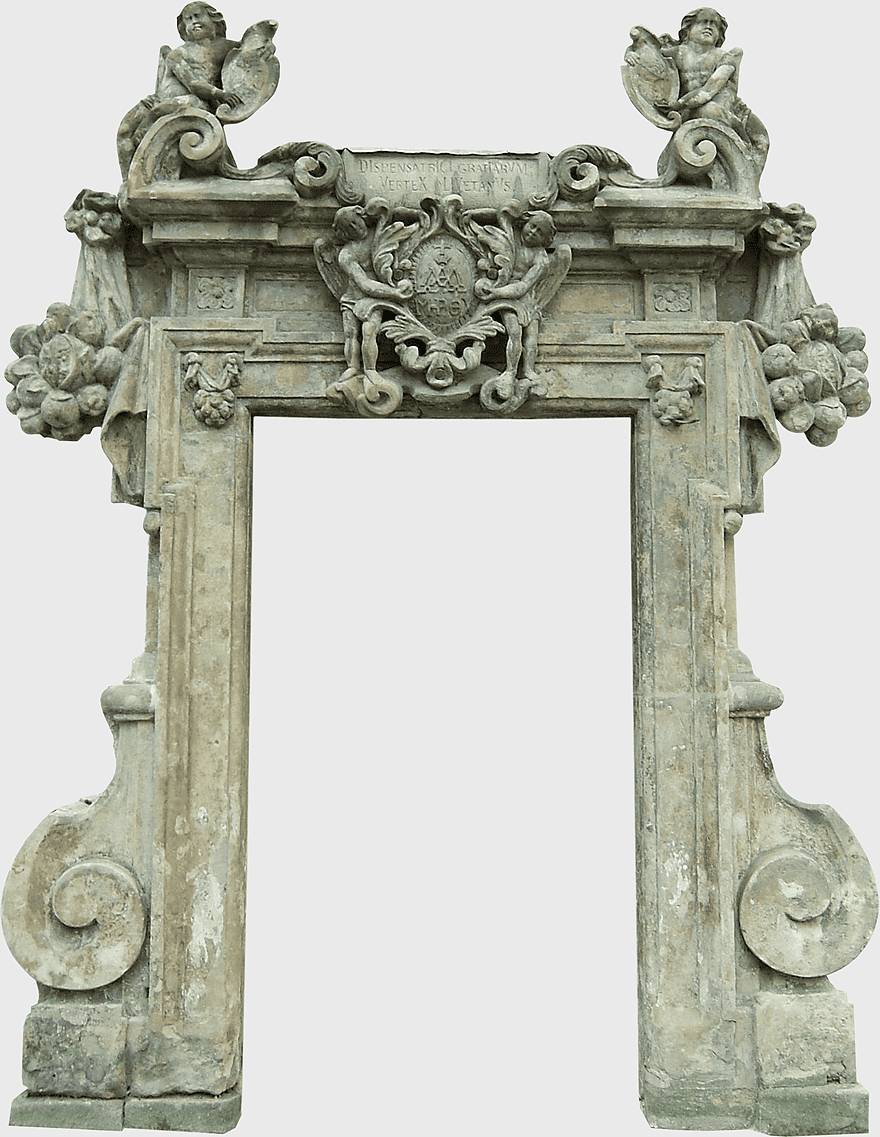 stone carving door frame, ancient arch door design, decorative memorial entrance, ornate stone door frame, historical architectural element, intricate stone craftsmanship, vintage door structure details