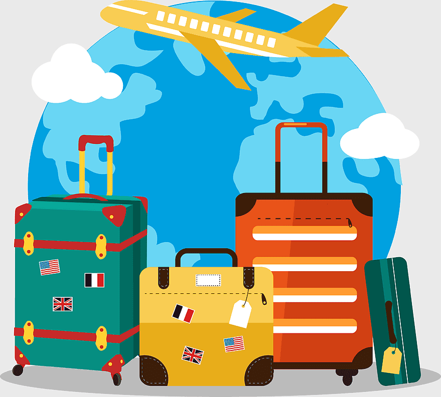 assorted-color luggages illustration, world travel luggage, travel with assorted suitcases, graduation trip baggage, global travel adventure, luggage for international trips, travel essentials illustration