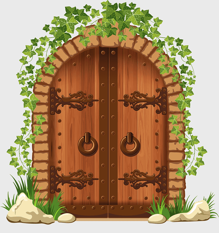 wooden arch door, hand-painted outdoor structure, ivy-framed wooden door, rustic garden gate, enchanted forest entrance, fairy tale doorway, vintage wooden portal