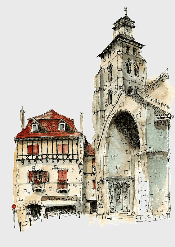 watercolor painting of medieval architecture, retro European building sketch, gothic clock tower illustration, historic urban sketch, vintage architectural facade, classic European town scene, old-world charm drawing