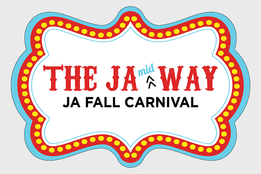 carnival sign logo, circus carnival branding, JA fall carnival event, label with festive design, amusement park signage, vintage carnival art, colorful event labels
