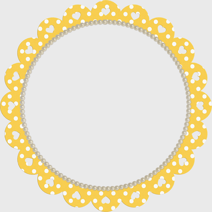 yellow heart doily border, round decorative frame, breast cancer awareness ribbon, golden frame, vintage lace design, circular pattern border, pearl embellished frame