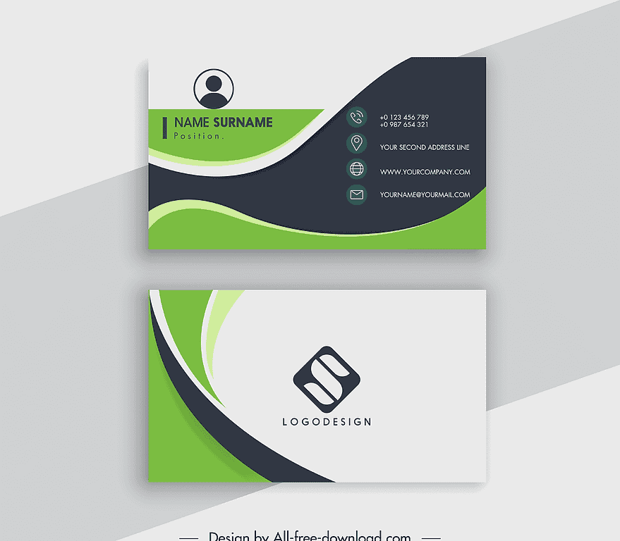 elegant business card design, curves decor template, green and black color scheme, professional contact card, modern corporate branding, sleek visual identity, creative stationery layout, png