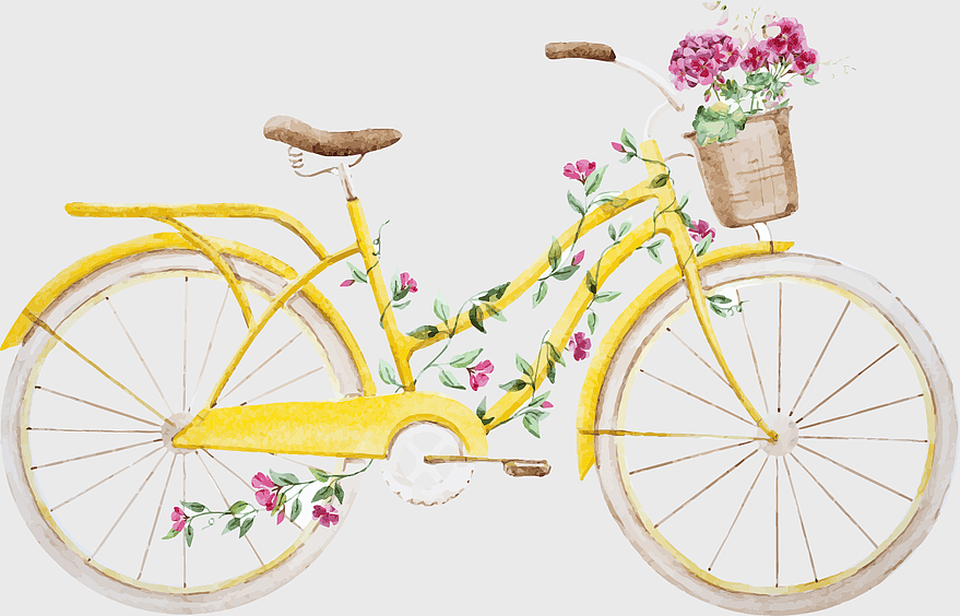 Yellow watercolor bike, bicycle with floral decorations, hand-painted cycling art, pink flowers on bicycle, vintage bicycle illustration, artistic bike design, decorative bike patterns