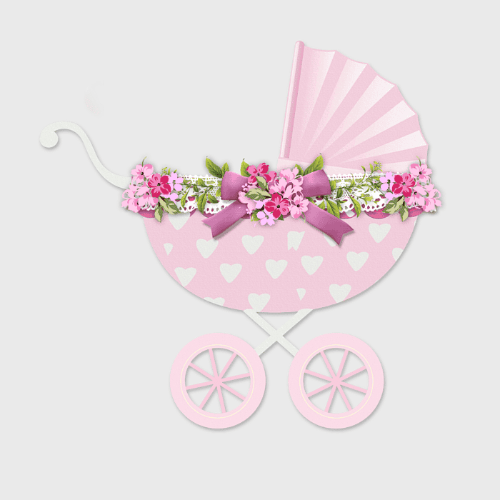 pink pram stroller, infant baptism illustration, baby girl transport, flower petal decoration, vintage baby carriage, christening event, newborn celebration