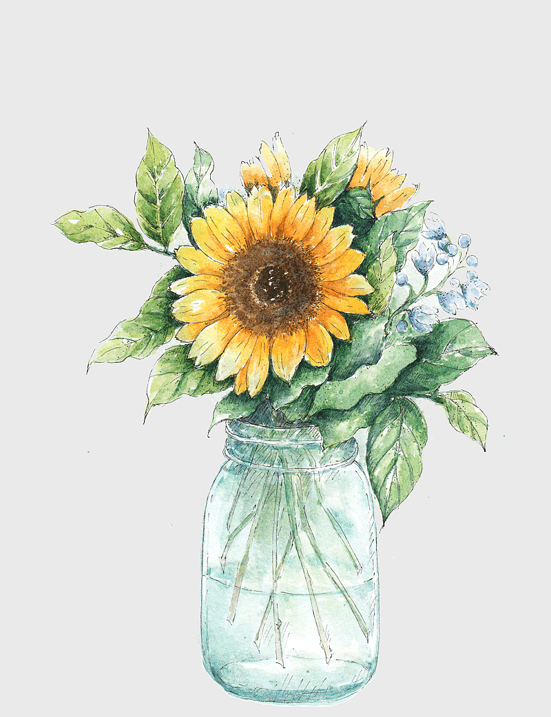 watercolor sunflower in glass jar, sunflower vase illustration, handpainted sunflower bouquet, floral arrangement in mason jar, botanical watercolor art, sunflower centerpiece decor, vintage flower still life