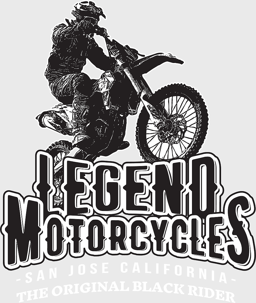 Legend Motorcycles logo, retro motorcycle illustration, black and white t-shirt design, vintage racing moto print, motorbike apparel branding, classic bike graphic art, San Jose motorcycle culture Legend Motorcycles logo, retro motorcycle illustration, black and white t-shirt design, vintage racing moto print, motorbike apparel branding, classic bike graphic art, San Jose motorcycle culture