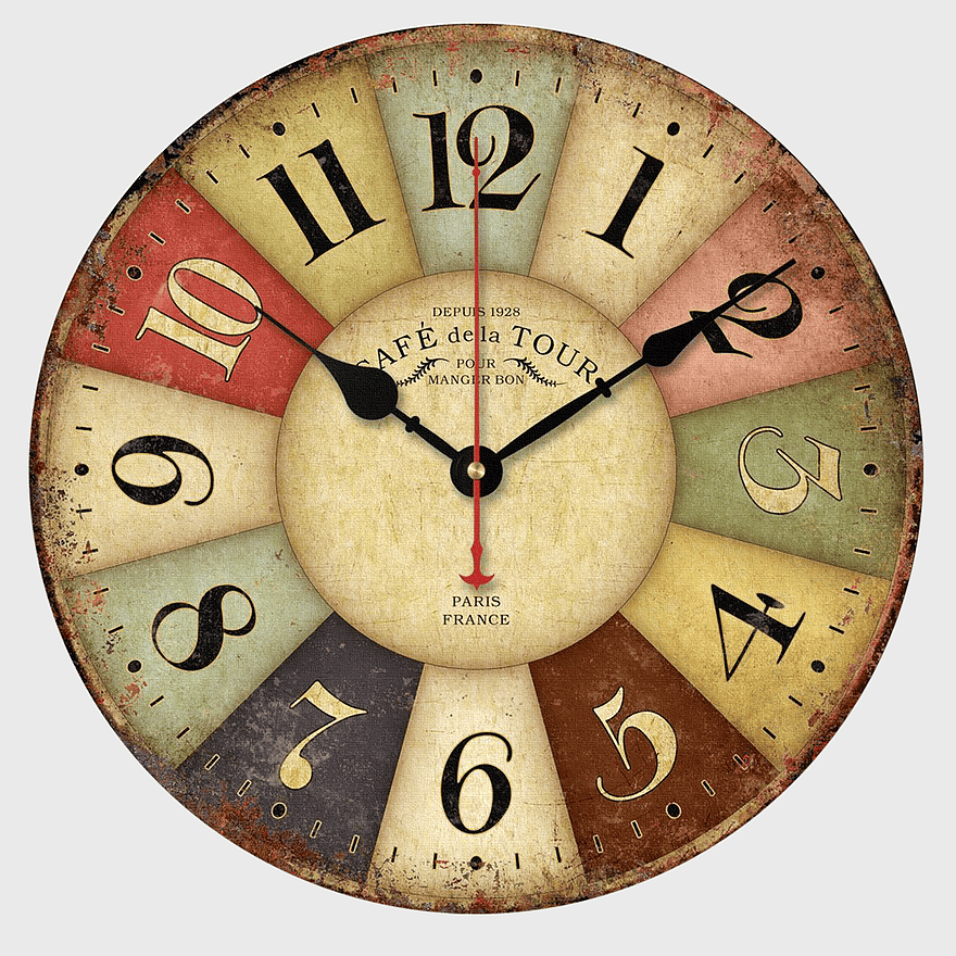 round multicolored wall clock, vintage Cafe de la Tour clock, shabby chic kitchen decor, retro home accessories, antique clock design, multicolored vintage watch, rustic wall decor elements round multicolored wall clock, vintage Cafe de la Tour clock, shabby chic kitchen decor, retro home accessories, antique clock design, multicolored vintage watch, rustic wall decor elements