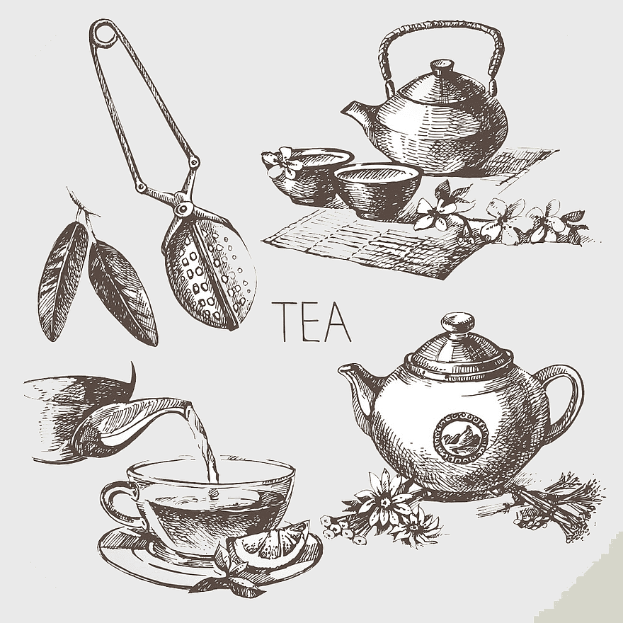 hand-painted tea cup sketch, green tea ceremony illustration, teapot and cup drawing, tea leaves watercolor painting, vintage tea set artwork, black and white tea illustration, teabag and teacup design