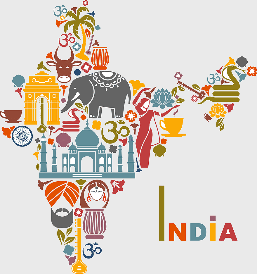 India illustration, Agra Delhi tour package, Tamil Nadu travel agent, Indian tourist attractions, Asian cultural landmarks, heritage travel destination, colorful map design
