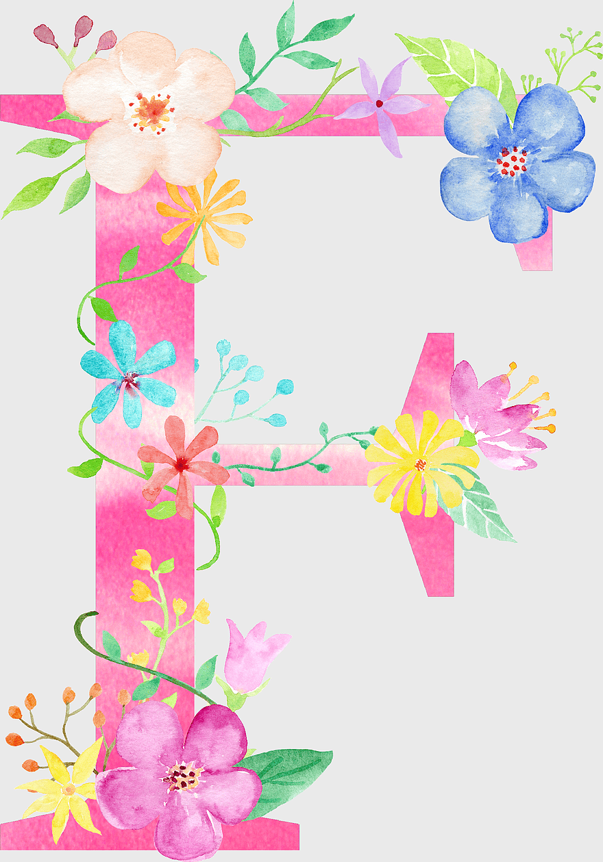 watercolor floral letter F, pink flower decoration, floral design alphabet, historiated initial F, botanical illustration, floral typography, decorative letter art