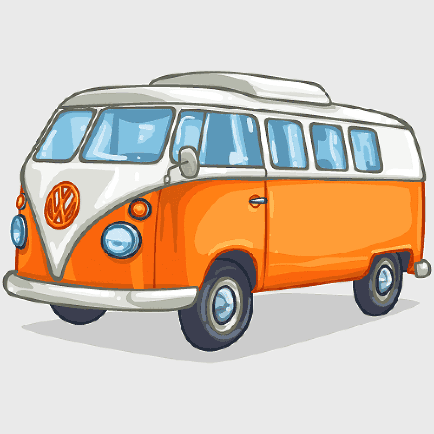 orange Volkswagen campervan, cartoon Volkswagen Type 2, compact van illustration, camping vehicle design, retro van art, vintage camper graphic, travel vehicle cartoon