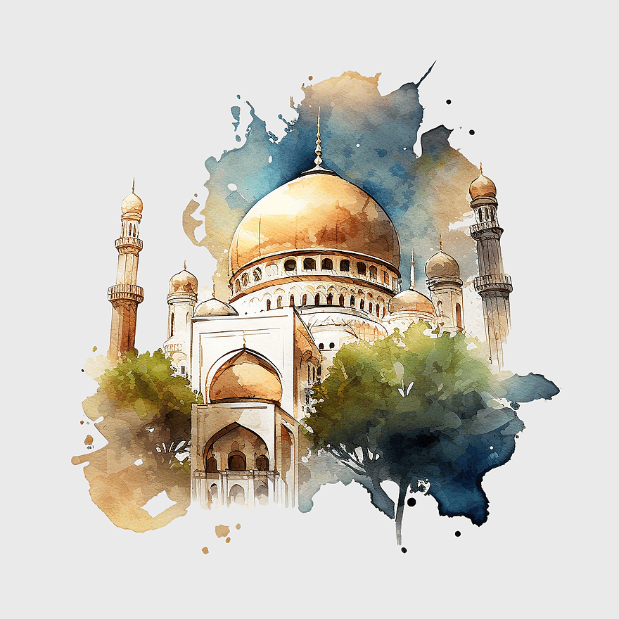 watercolor mosque art, Islamic architecture painting, dome mosque illustration, golden minaret structure, cultural heritage depiction, spiritual landmark, religious art creation, png