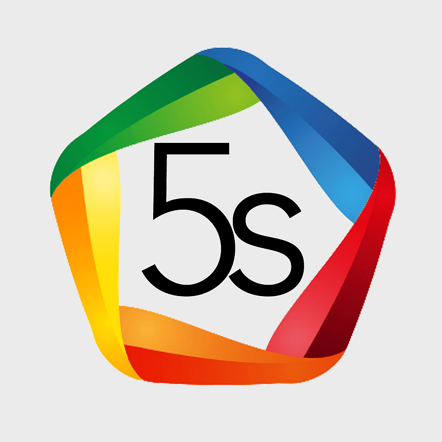 5S pentagonal icon, 5S Couch Table branding, quality management symbol, living room furniture logo, organizational tools, productivity signage, workplace efficiency emblem