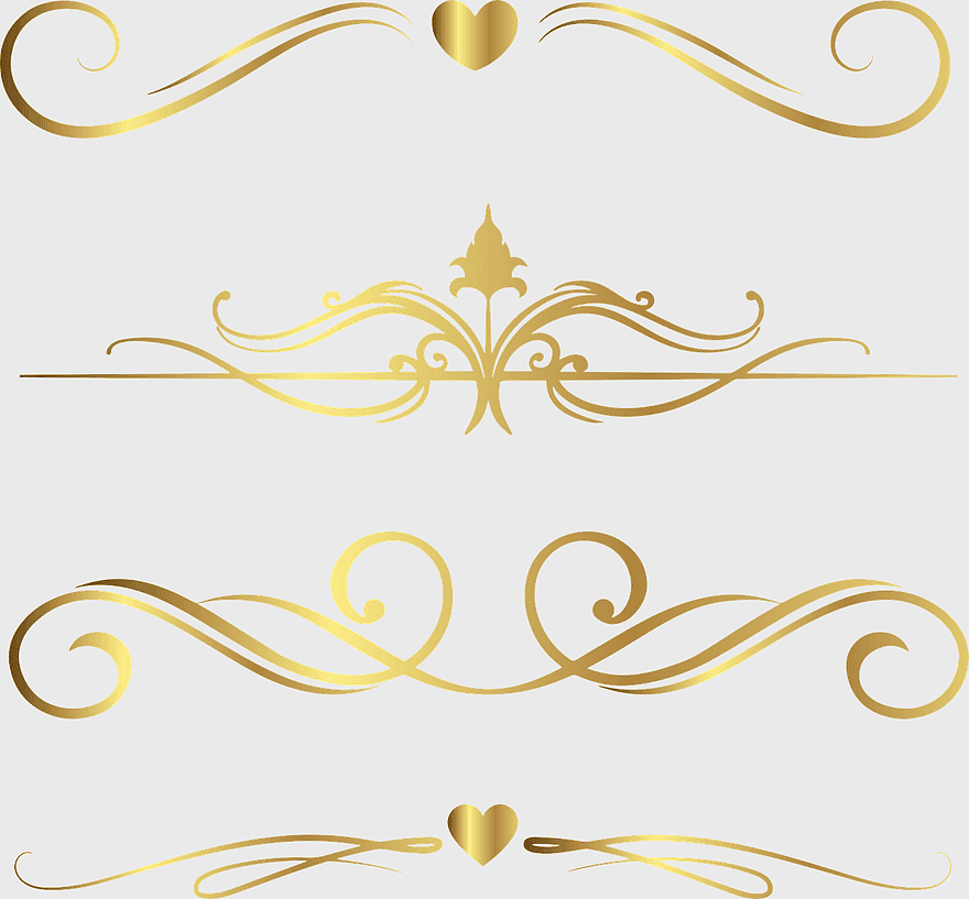 Gold foil dividers, ornamental flourishes, decorative swirls, heart accents, elegant embellishments, vintage scroll designs, certificate ornaments, png