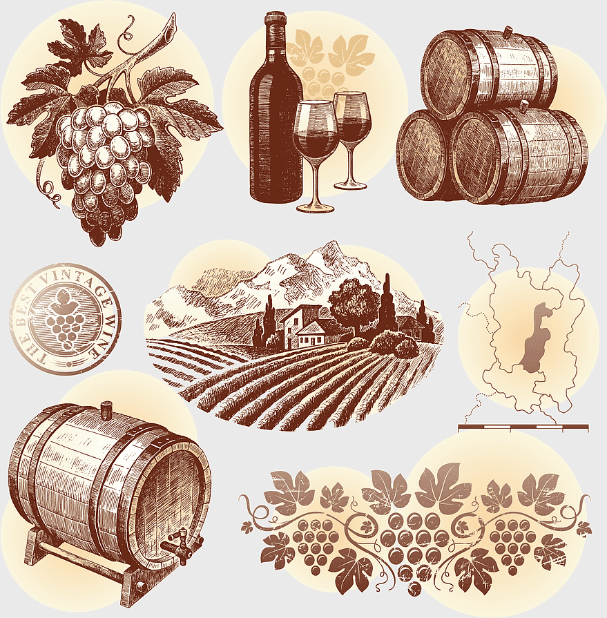 watercolor wine illustration, hand-painted grapevine elements, red wine glass drawing, vintage wine barrel sketch, winemaking process art, vineyard landscape painting, wine culture graphics watercolor wine illustration, hand-painted grapevine elements, red wine glass drawing, vintage wine barrel sketch, winemaking process art, vineyard landscape painting, wine culture graphics