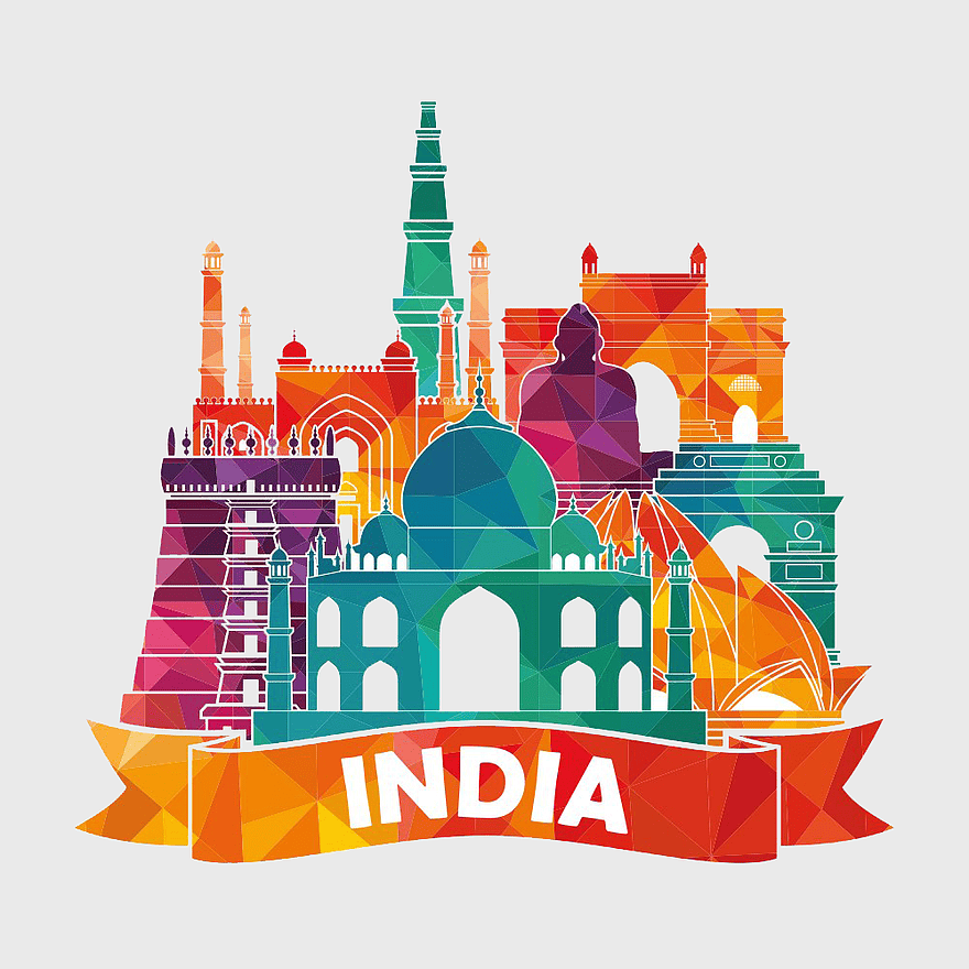 India illustration skyline, multicolored India landmarks, India Republic Day design, famous Indian buildings, Indian cultural icons, vibrant India art, Indian heritage monuments