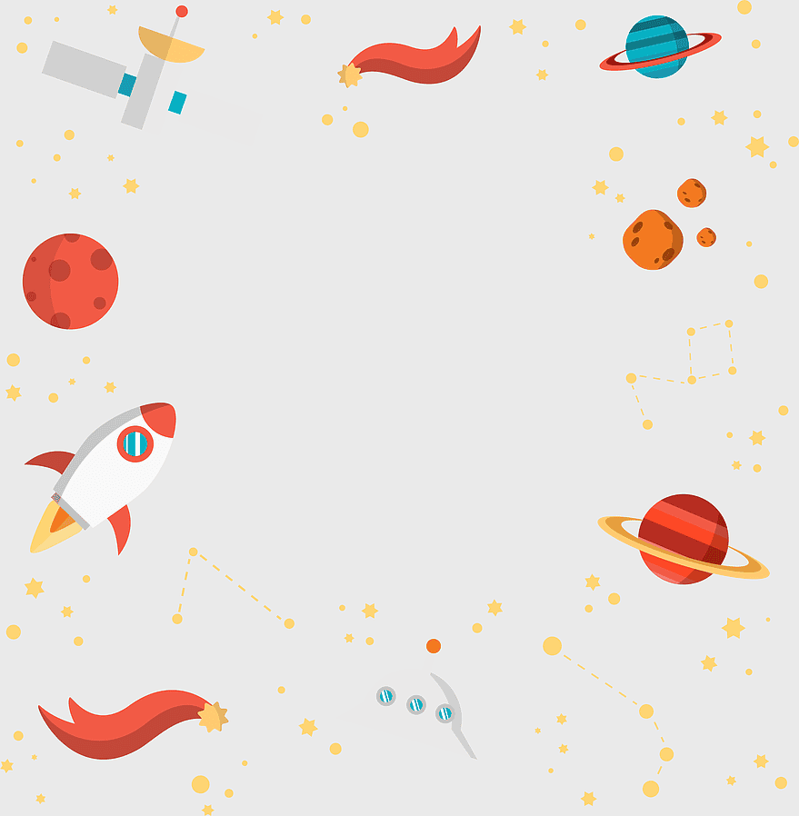 cosmic planet decorative border, assorted-color planets, cartoon rocket, spacecraft in space, galaxy illustration, space-themed design, celestial objects art